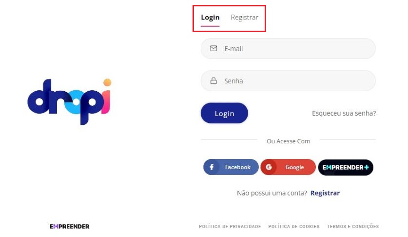 Página de login do Dropi, com as opções "Login" e "Registrar" em destaque