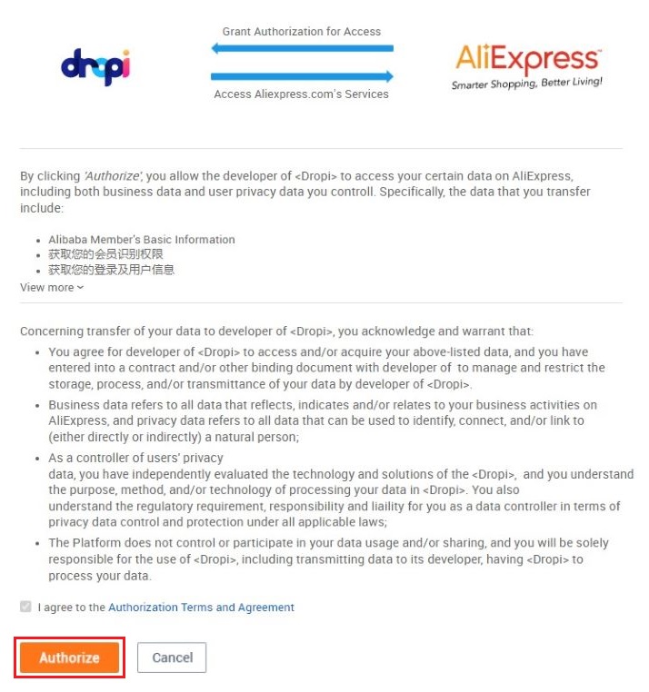Tela para aceitar os termos de uso da integração Dropi com Aliexpress