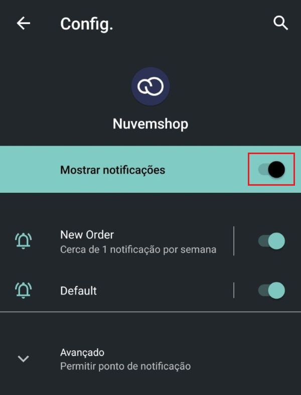 Tela de configuração do aplicativo Nuvemshop, com o botão "mostrar notificações" em destaque