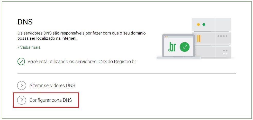 Seção DNS do painel Registro.br, com o botão "Configurar zona DNS" em destaque
