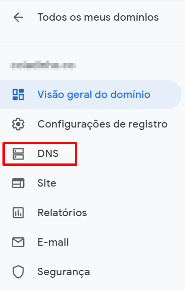 Menu lateral do painel Google Domains, com a opção "DNS" em destaque
