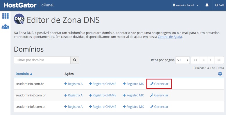 Painel da Zona DNS, com o botão "Gerenciar" em destaque