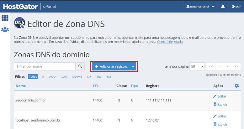 Painel de edição da Zona DNS, com o botão "+ Adicionar registro" em destaque