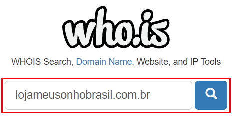 Barra de busca do site Who.is, com o ícone de lupa em destaque