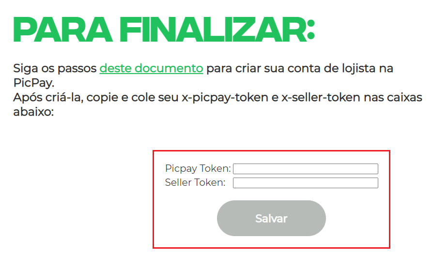 Página para incluir o token de acesso PicPay