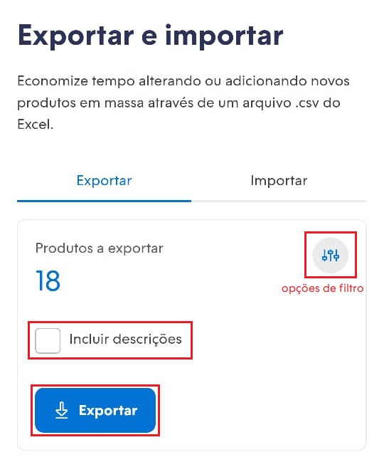 Tela para exportar produtos, com os botões "filtro", "Incluir descrições" e "Exportar" em destaque