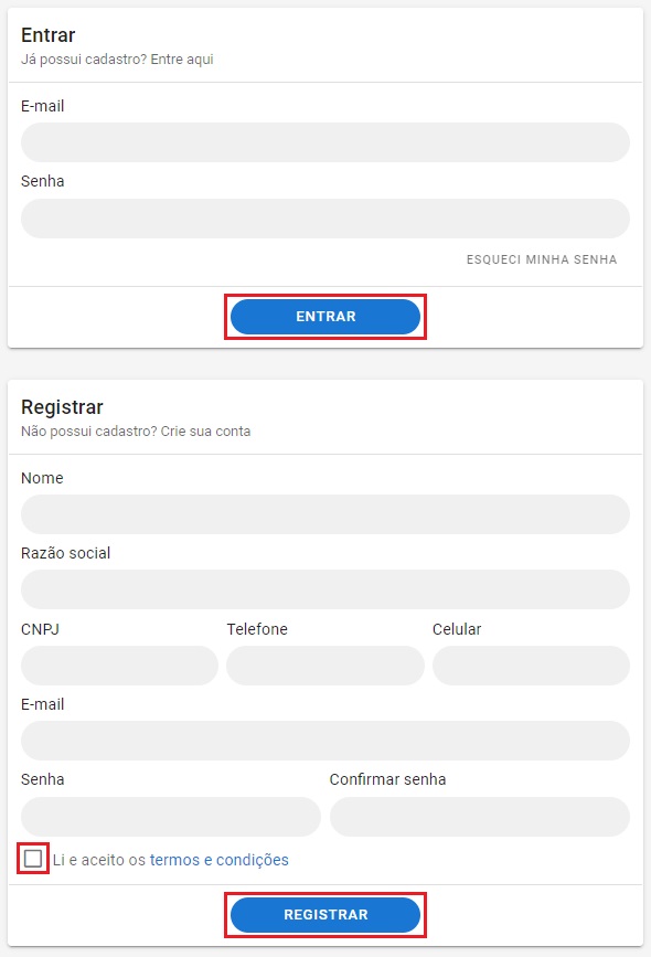 Página para fazer login ou se cadastrar na ferramenta, com os botões "Entrar" e "Registrar" em destaque