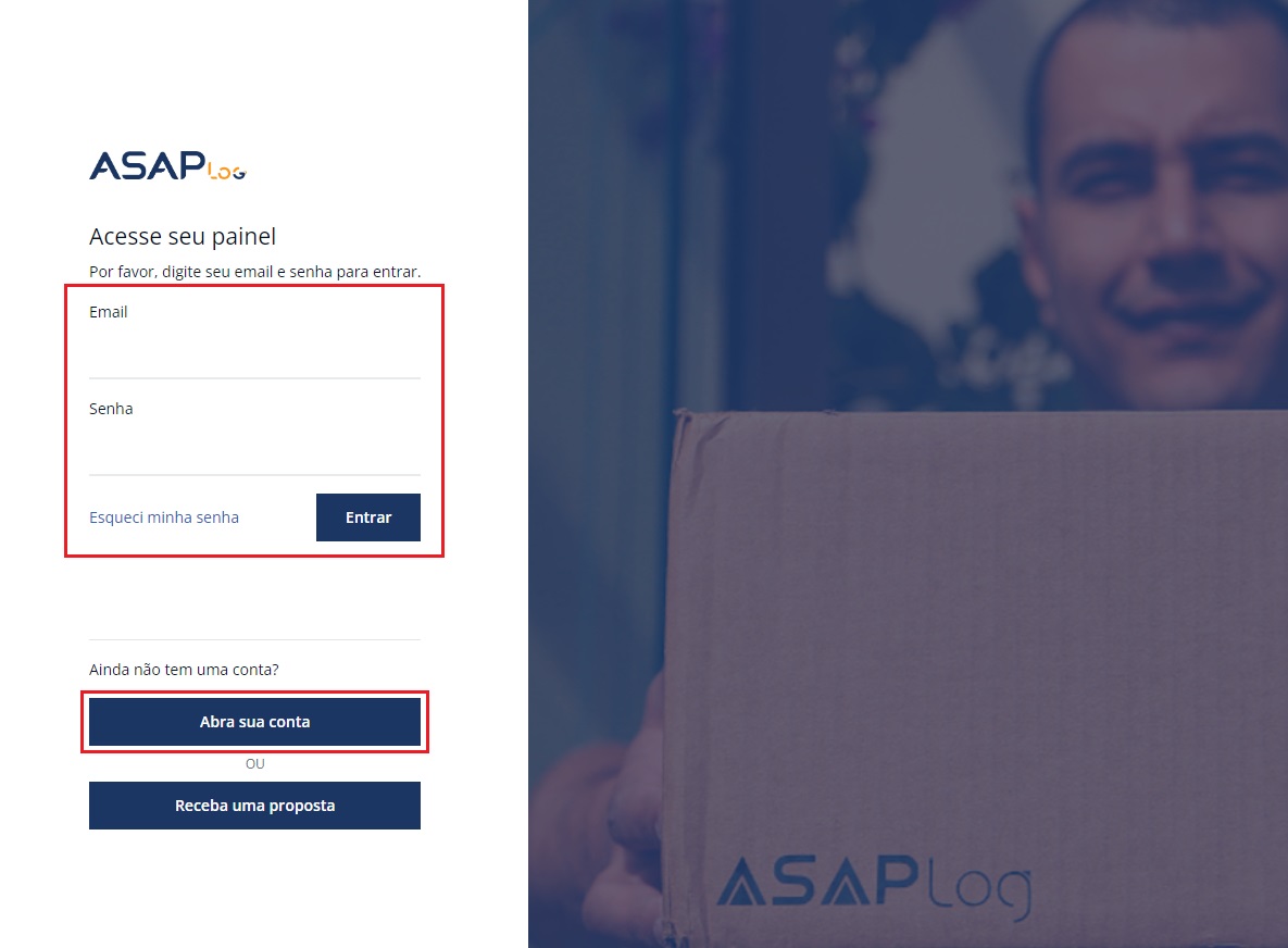 Página para fazer login na ASAP Log ou criar uma conta, com o botão "Abra sua conta" em destaque