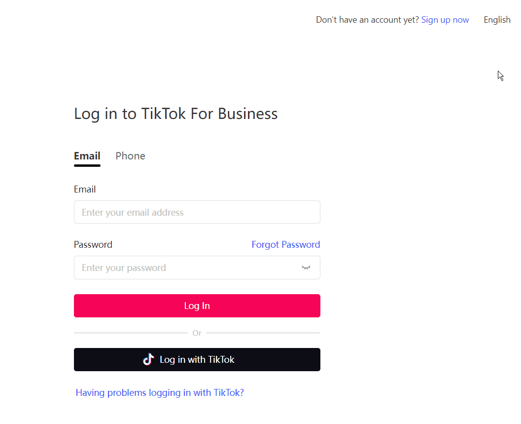 GIF de exemplo para alterar o idioma da página de login do TikTok for Business