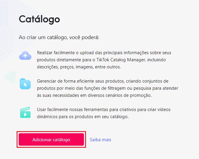 Tela para configurar o catálogo, com destaque para o botão "Adicionar catálogo"