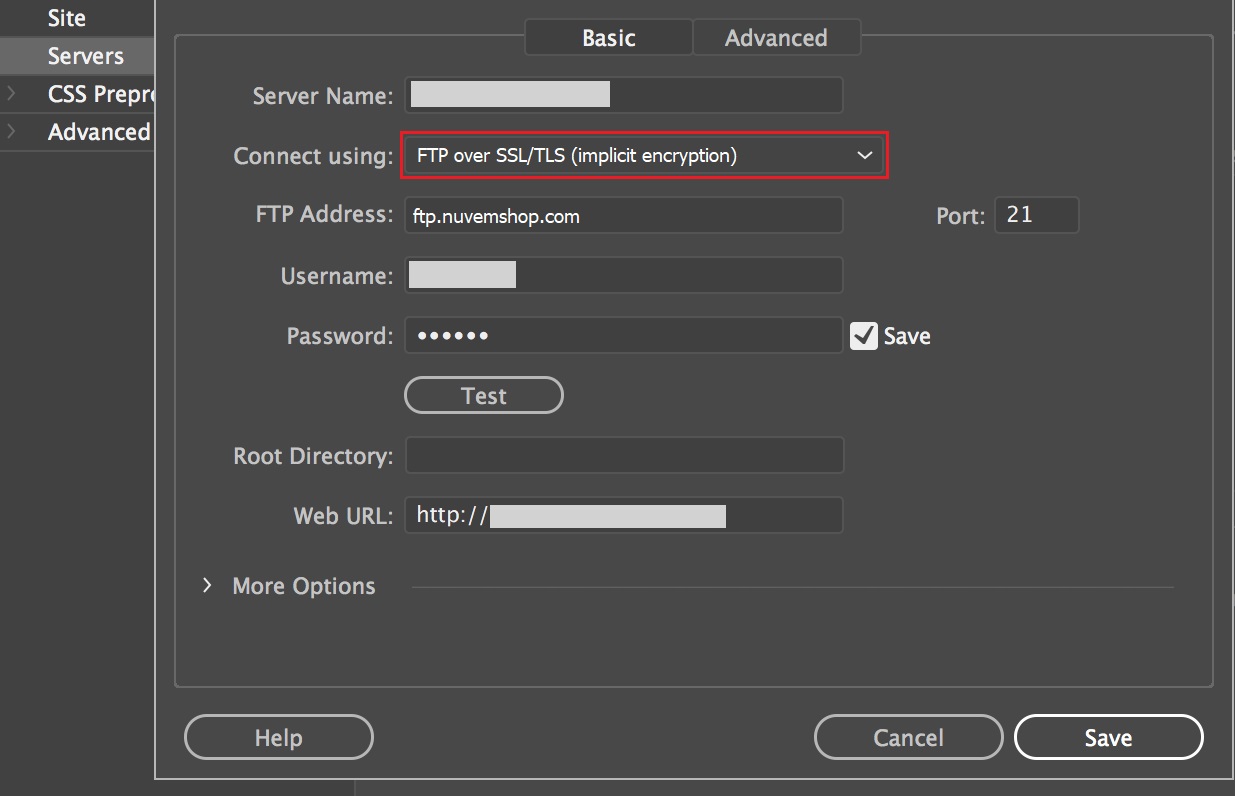 Venta de configuración de Dreamwaver, con la opción "Connect using" resaltada