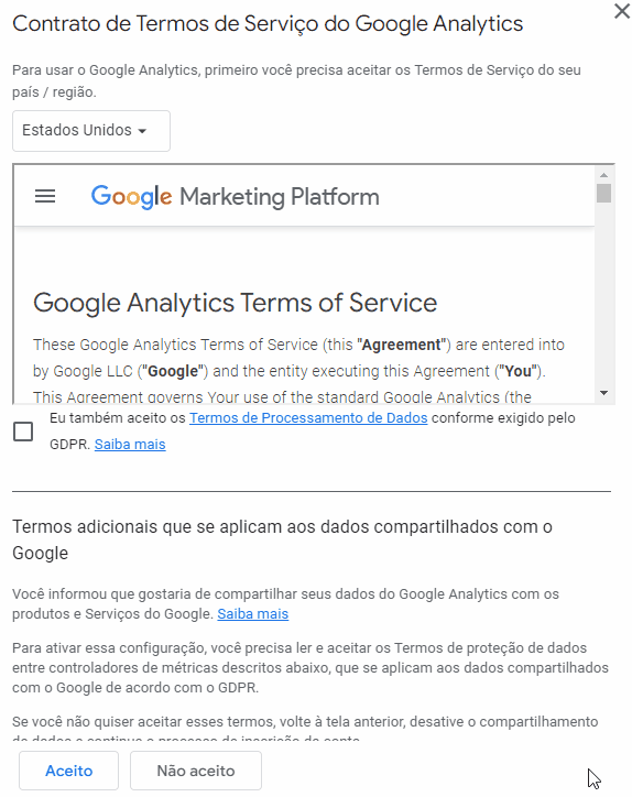 Termo de contrato com o Google Analytics