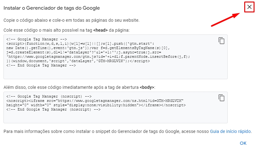 Códigos de instalação do Google tag Manager