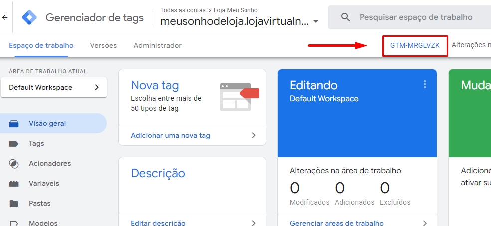 Copiar o ID da conta do Google Tag Manager