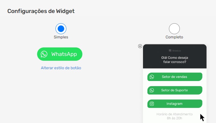 Configurações de widget do botão do WhatsApp