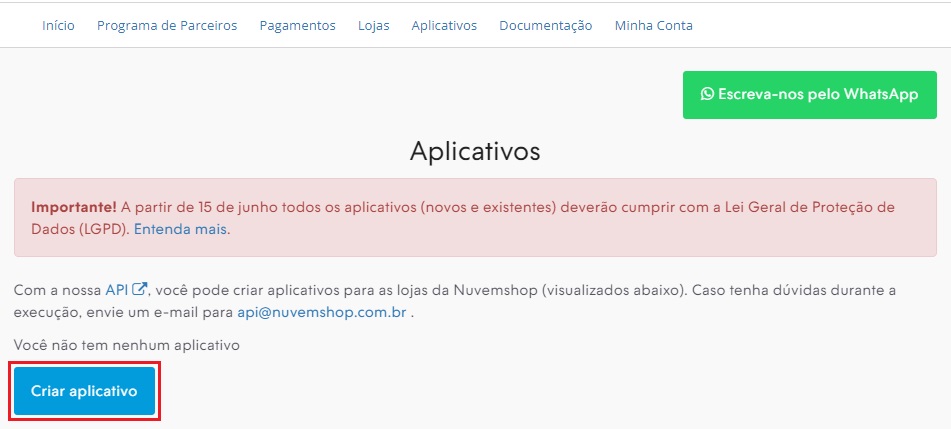 Página "Aplicativos" do painel de parceiros Nuvemshop, com destaque para o botão "Criar aplicativo"