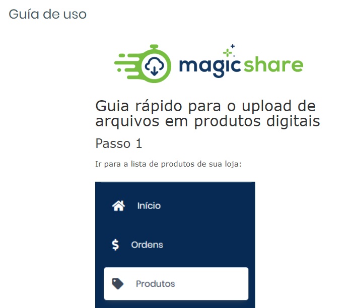 Visualização do guia de uso do MagicShare, com o passo a passo para configurar os arquivos digitais nos produtos