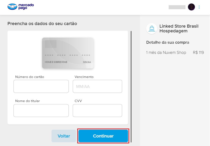 Visualização do pagamento via Cartão de débito virtual Caixa, com destaque para o botão "Continuar"