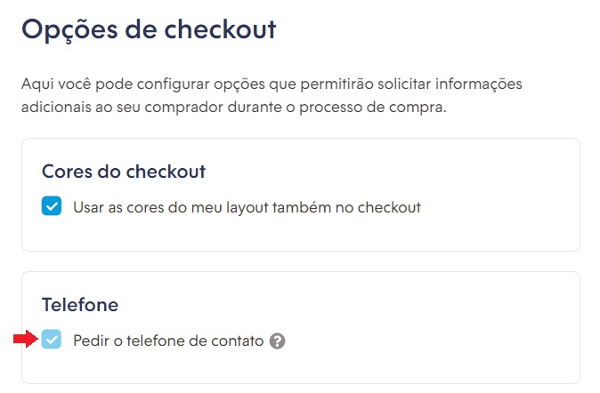 Tela de opções de checkout do painel Nuvemshop, com indicação para "Pedir o telefone de contato"