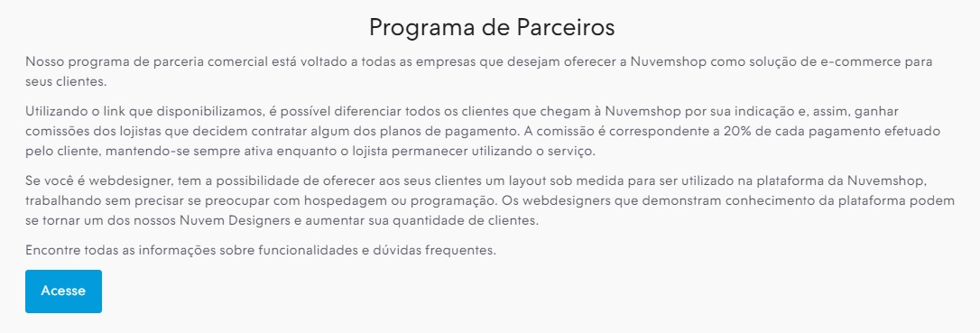 Informações da página "Programa de parceiros" do painel de parceiros Nuvemshop