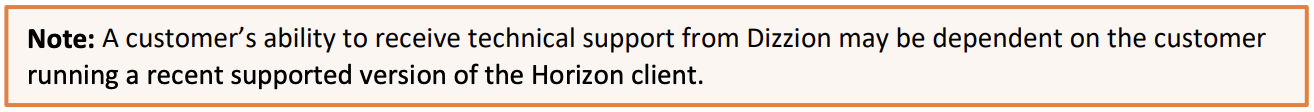 Text Box: Note: A customer’s ability to receive technical support from Dizzion may be dependent on the customerrunning a recent supported version of the Horizon client.