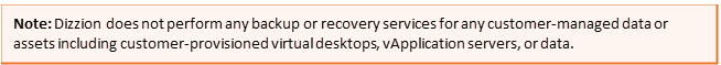 Text Box: Note: Dizzion does not perform any backup or recovery services for any customer-managed data or assets including customer-provisioned virtual desktops, vApplication servers, or data.
