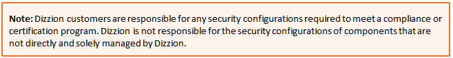 Text Box: Note: Dizzion customers are responsible for any security configurations required to meet a compliance or certification program. Dizzion is not responsible for the security configurations of components that are not directly and solely managed by Dizzion.