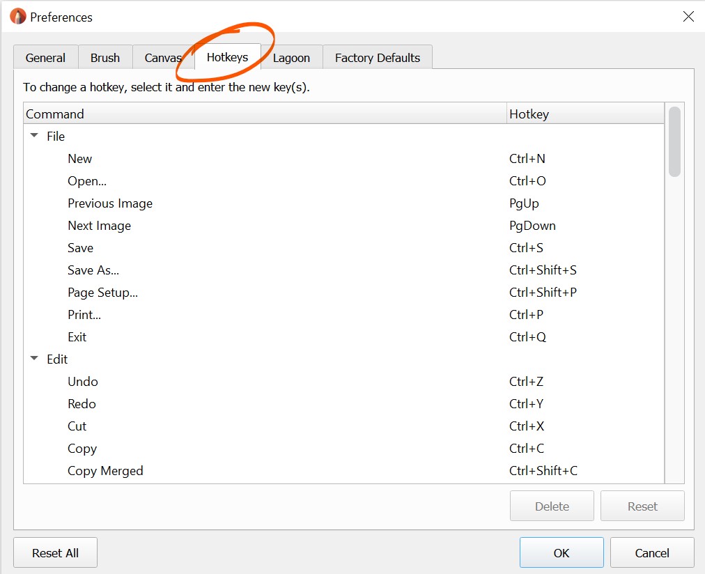 The Hotkey tab of the Preferences dialog in Sketchbook 8.2