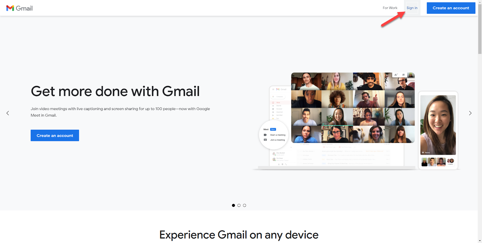 Página de inicio de sesión de Gmail.com con una flecha que apunta a iniciar sesión en la esquina superior derecha