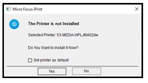 Janela pop-up de instalação da impressora - a impressora não está instalada. Quer instalar agora? Sim / Não Janela pop-up de instalação da impressora - A impressora não está instalada. Quer instalar agora? se