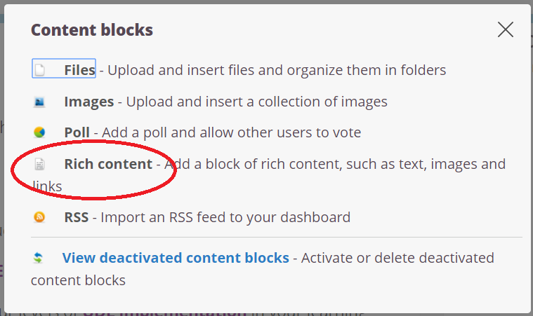Select "rich content block" on page editor