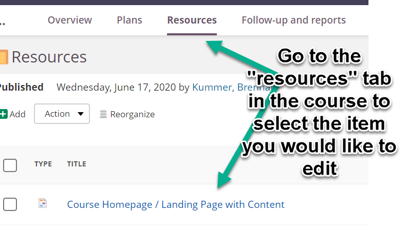 Example of the "resources" tab in a course with items in the tree