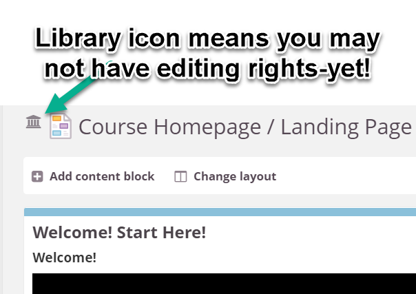 Una página de ejemplo que tiene un icono de "biblioteca" en la esquina superior izquierda y no tiene derechos de edición.