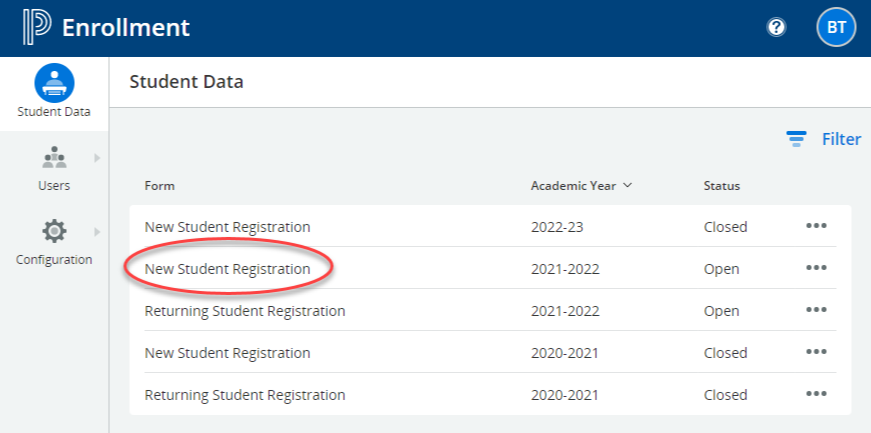 Homescreen of PS Enrollment, highlighting New Student Registration