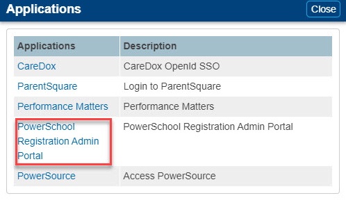 Section of PowerSchool Registration Admin Portal