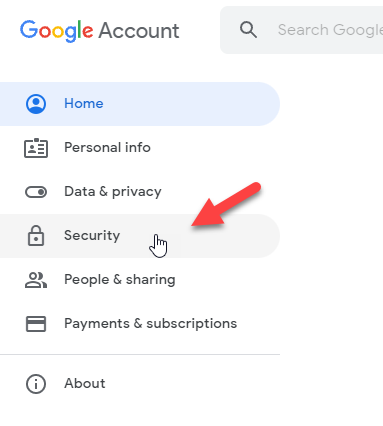 Google account screen showing Security option
