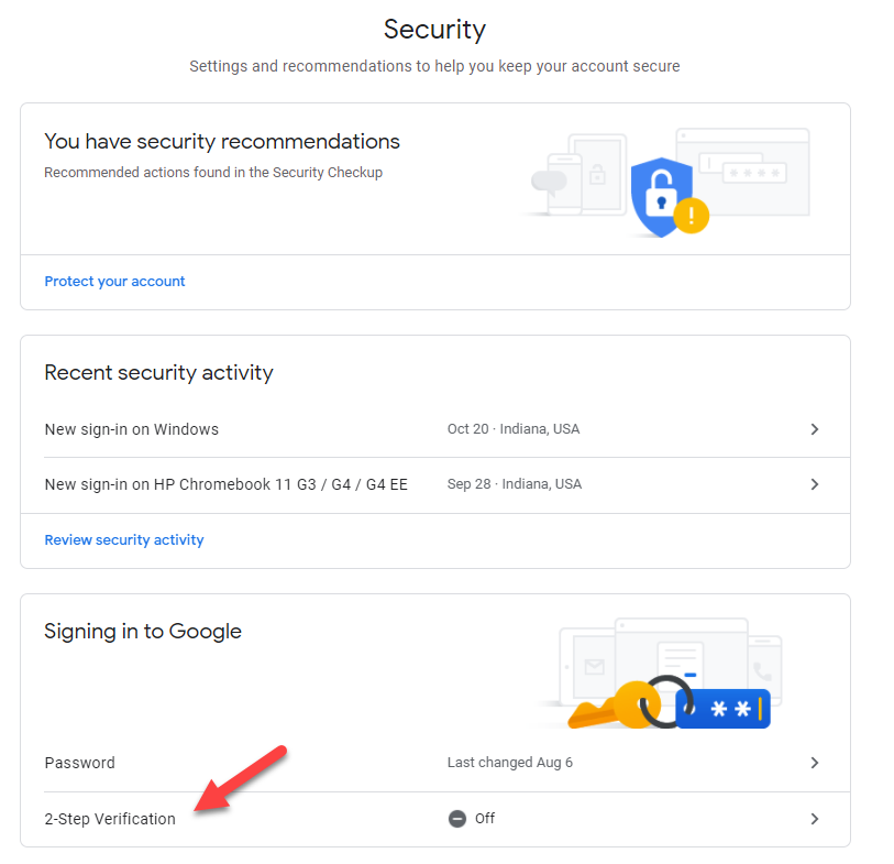 Google account screen showing 2 Step Verification option