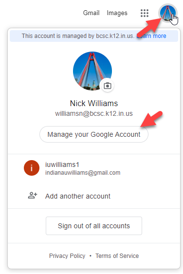 Google account screen showing Manage Your Google Account option
