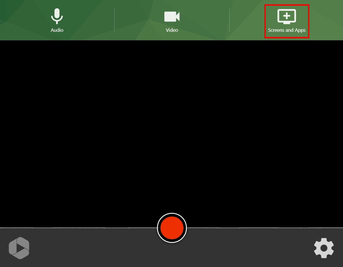Panopto Recorder. On the top toolbar, to the far right, the "Screens and Apps" option is highlighted by a red box. 