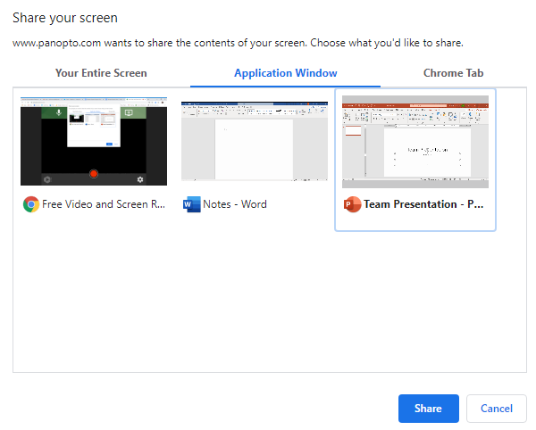 "Share your screen" pop-up window. The "Application Window" tab appears and Chrome, Word, and PowerPoint appear as options