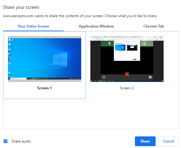 "Share your screen" pop-up menu. On it, "Your Entire Screen" appears with two screen options for the user to choose from. 