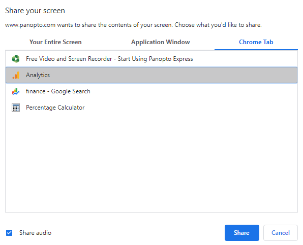 "Share Your Screen" pop-up window. On it, the "Chrome tab" option is selected and several browser tabs appear 
