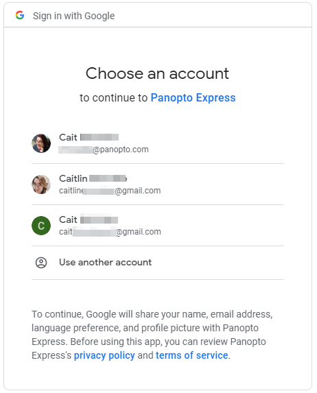 Google Sign in process, "Choose an account" window