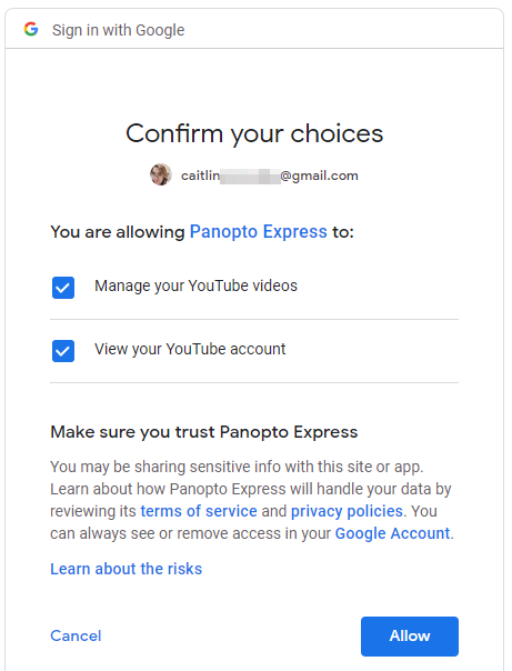 Google Sign in window process, "Confirm your choices" permissions window. 