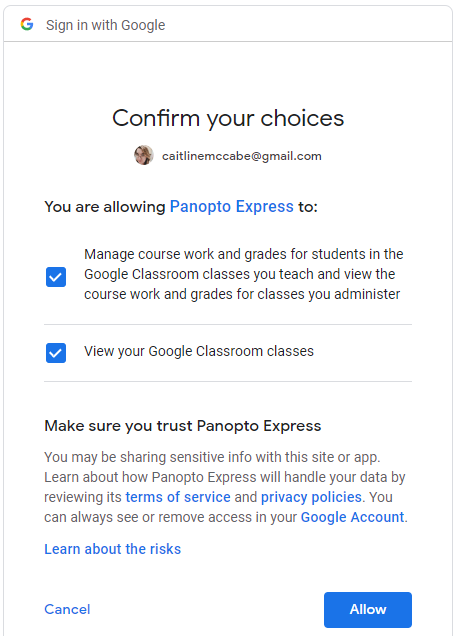 Google Sign in window process, "Confirm your choices" permissions window. 
