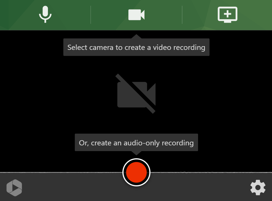 Panopto Express recorder.  On the screen, two notes appear: "Select camera to create video recording" and "Or, create an audio-only recording"