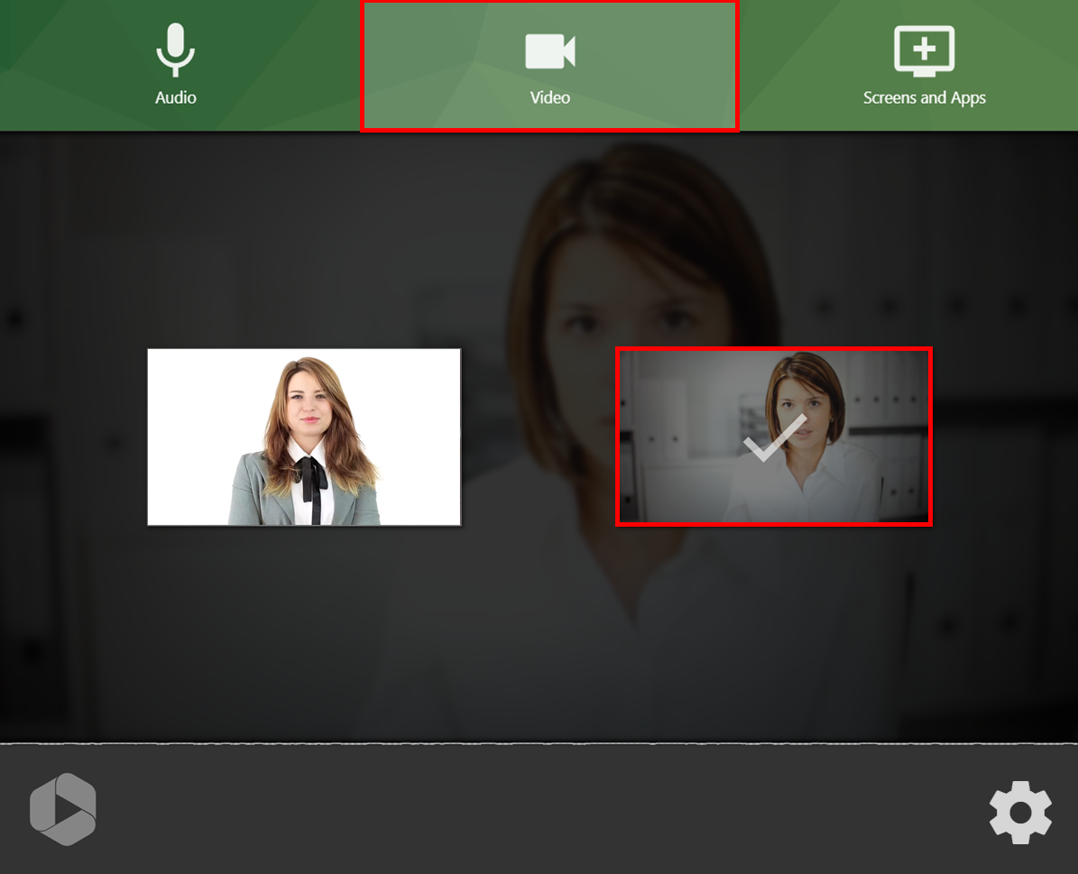 Panopto Express recorder. In the middle of the top toolbar, the Video icon is highlighted by a red box.  On the screen, two video streams appear and one is selected with a checkmark over it. 