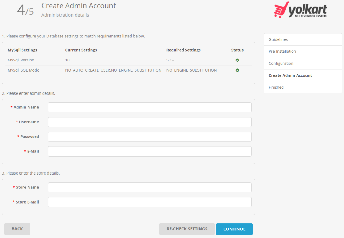create admin account - yokart installation kit